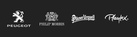Client Philip Morris, Peugeot, Pilsner Urquell and Playtex